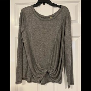 ZELLA long sleeve gray shirt with gather on left side on the front of shirt.